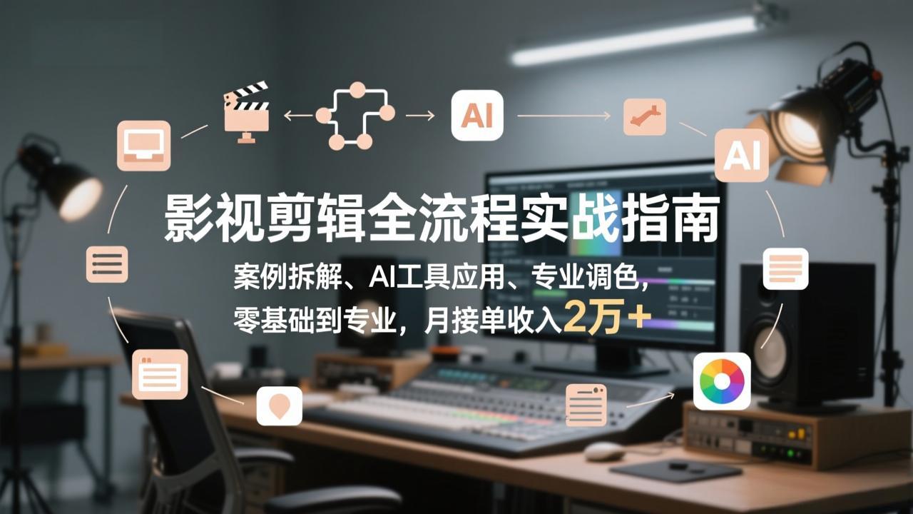 影视剪辑全流程实战指南，案例拆解、AI工具应用、专业调色，零基础到专业，月接单收入2万+-优优云网创