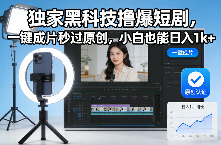 独家黑科技撸爆短剧，一键成片秒过原创，小白也能日入1k+【揭秘】-优优云网创