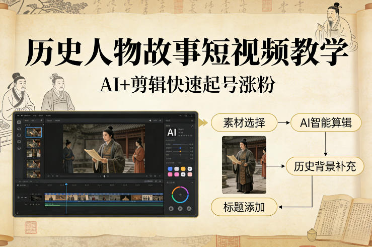 历史人物故事短视频教学，AI+剪辑制作历史人物题材短视频，快速起号涨粉-优优云网创