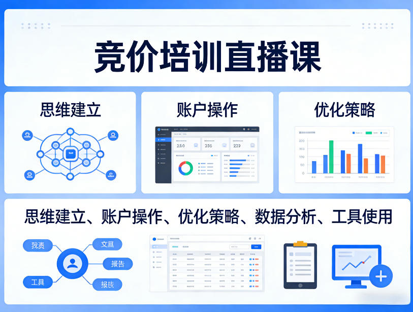 竞价培训直播课,覆盖思维建立、账户操作、优化策略、数据分析、工具使用等,全方位提升效果-优优云网创