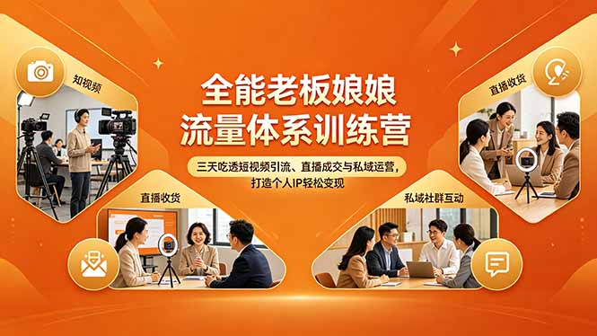 全能老板娘流量体系训练营，三天吃透短视频引流、直播成交与私域运营，打造个人IP轻松变现-优优云网创