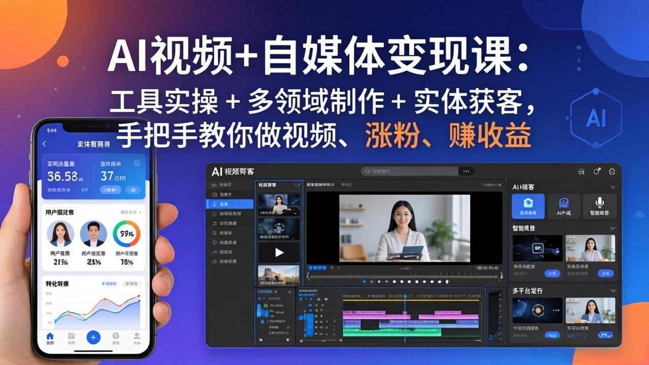AI视频+自媒体变现课：工具实操 + 多领域制作 + 实体获客，手把手教你做视频、涨粉、赚收益-优优云网创