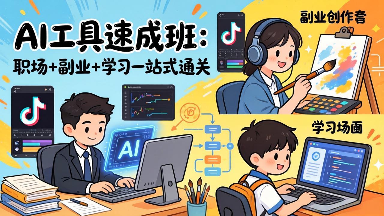 AI工具速成班：职场+副业+学习一站式通关，20+爆款类型+剪映技巧+抖音算法，0基础快速上手-优优云网创