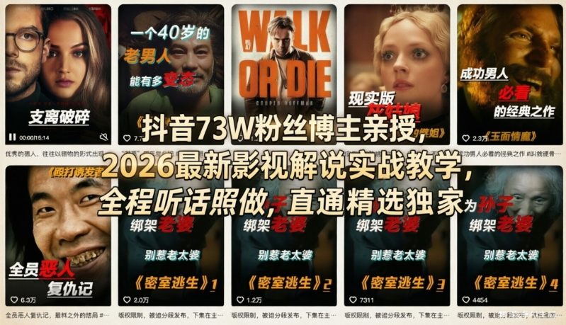 抖音73W粉丝博主亲授，2026最新影视解说实战教学，全程听话照做，直通精选独家-优优云网创