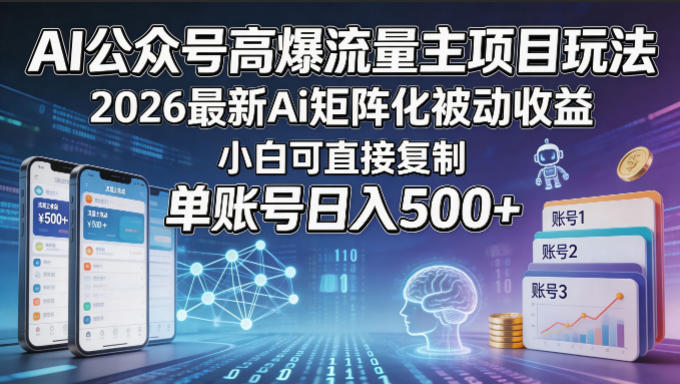 AI公众号高爆流量主项目玩法，2026最新Ai矩阵化被动收益，小白可直接复制，单账号日入500+-优优云网创