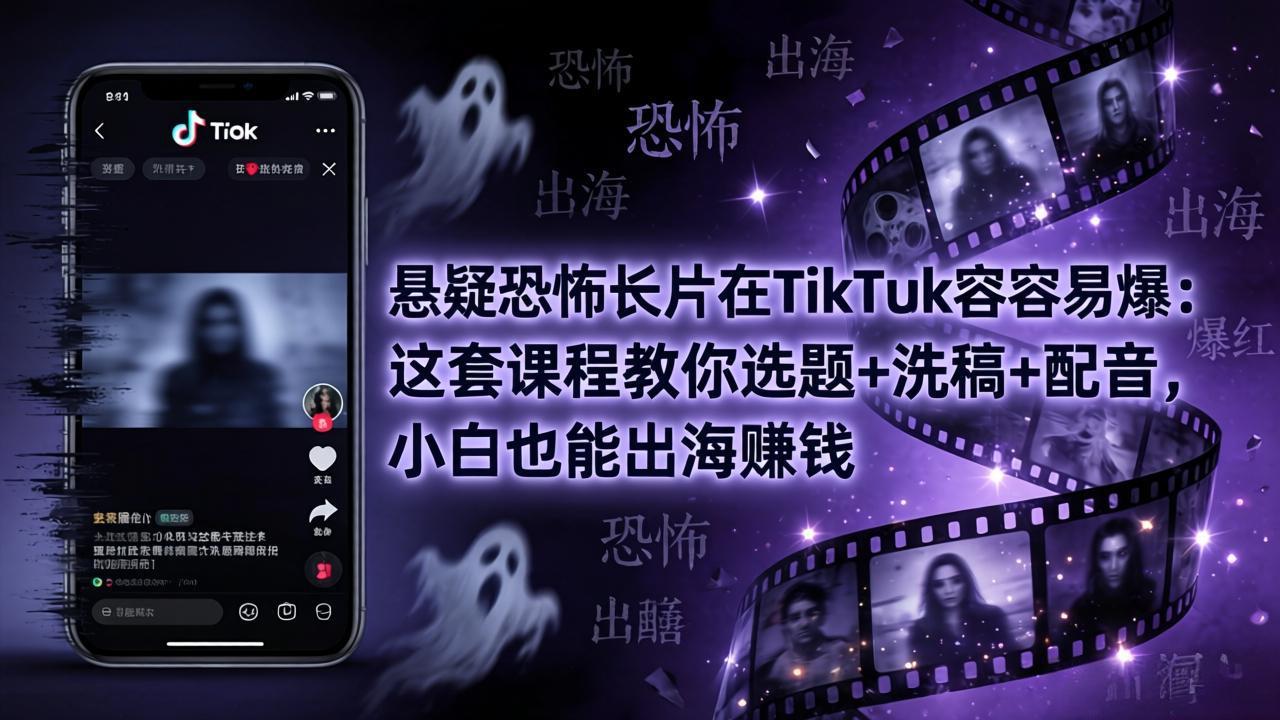 悬疑恐怖长片在TikTok最容易爆：这套课程教你选题+洗稿+配音，小白也能出海赚钱-优优云网创