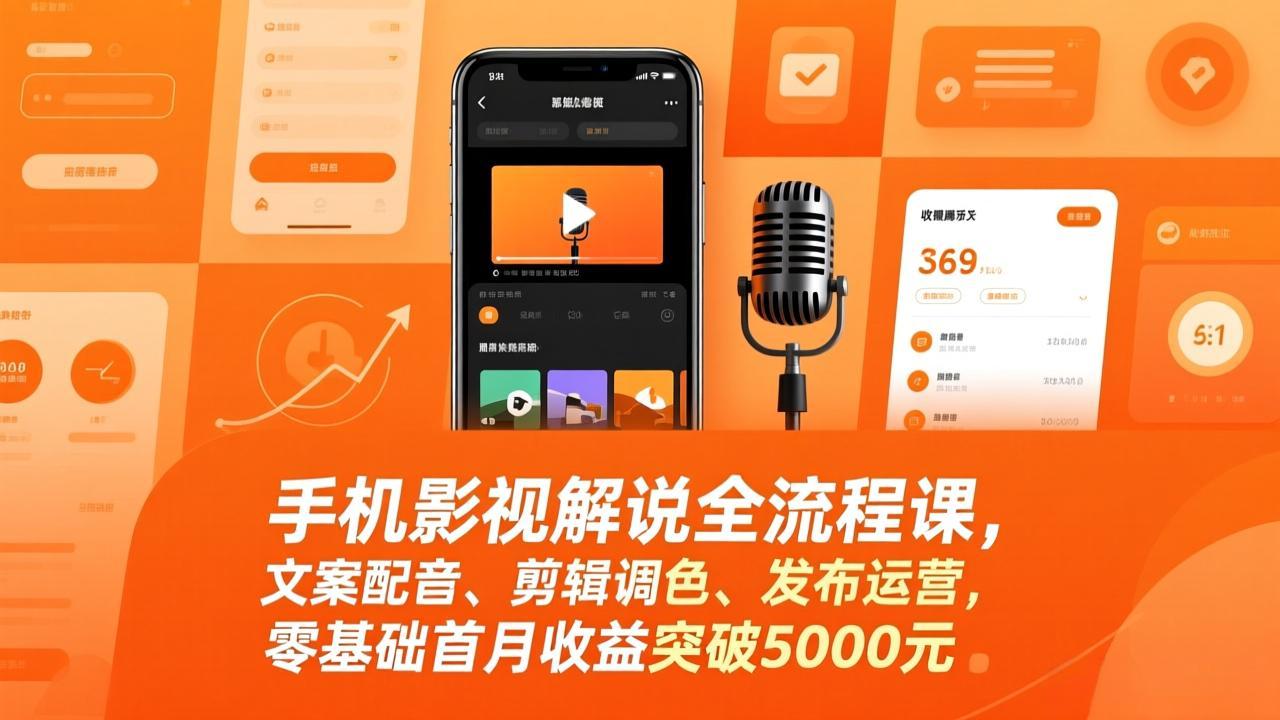 手机影视解说全流程课，文案配音、剪辑调色、发布运营，零基础首月收益突破5000元-优优云网创