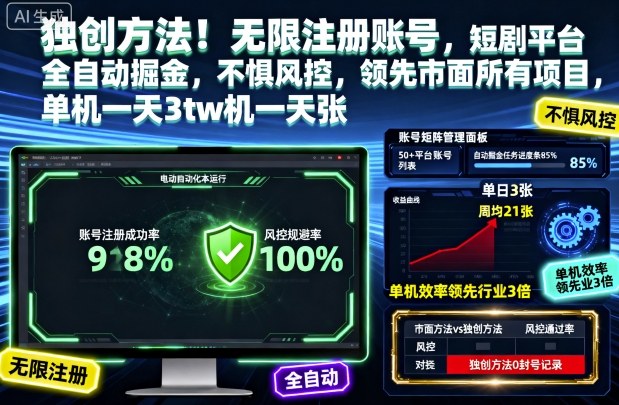 独创方法!无限注册账号,短剧平台全自动掘金,不惧风控,领先市面所有项目,单机一天3张【揭秘】-云网创