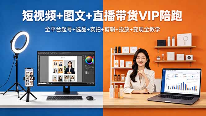 短视频+图文+直播带货VIP陪跑，全平台起号+选品+实拍+剪辑+投放+变现全教学-优优云网创