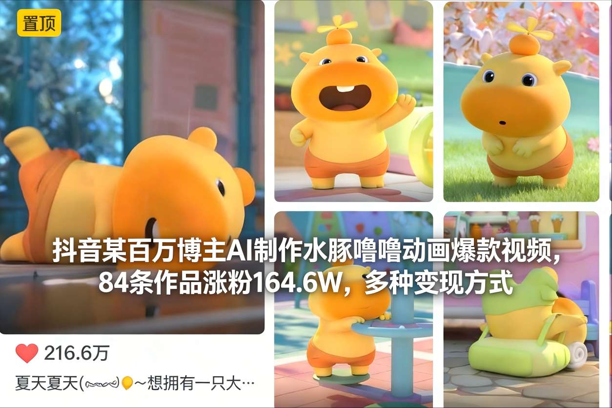 抖音某百万博主AI制作水豚噜噜动画爆款视频，84条作品涨粉164.6W，多种变现方式-优优云网创